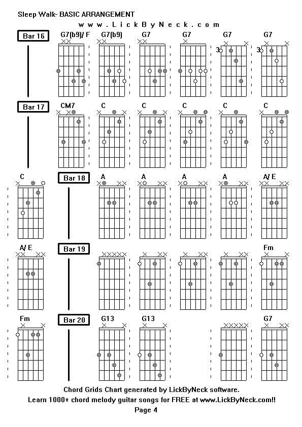 Chord Grids Chart of chord melody fingerstyle guitar song-Sleep Walk- BASIC ARRANGEMENT,generated by LickByNeck software.